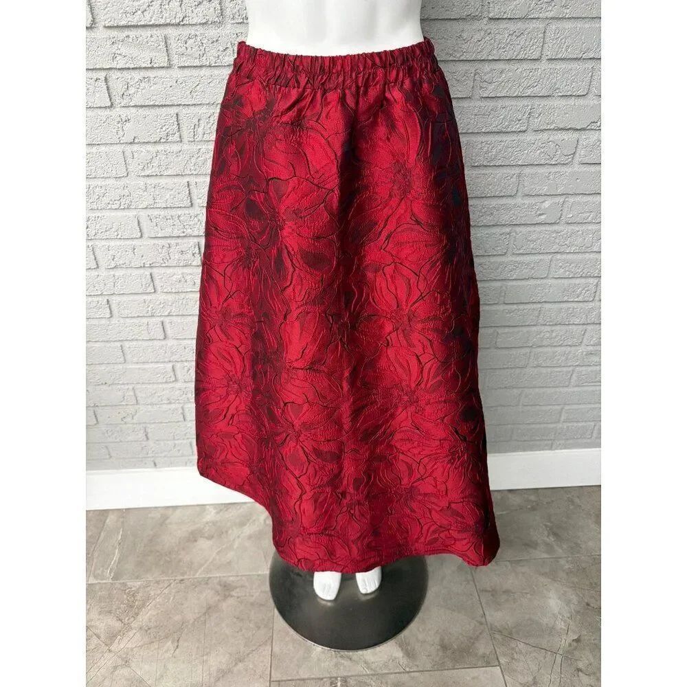 Luna Women’s Dark Red Floral Jacquard A-Line Formal Midi Skirt Size S
